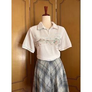 Vintage pique polo in white with safari embroideries, size M